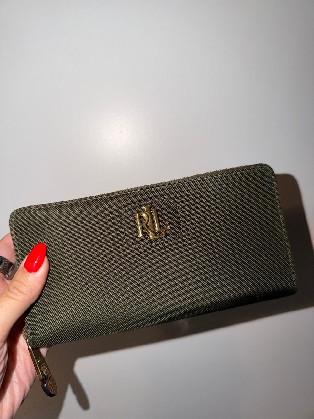Ralph Lauren Olive Green Zip-Around Wallet with Gold RL Logo